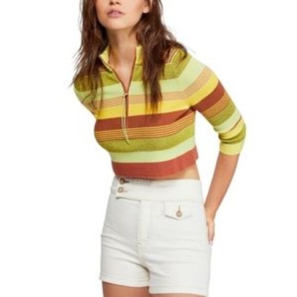 NWT Free People Riptide Striped Crop Sweater Top L | Bold Retro Boho Festival - Picture 1 of 5